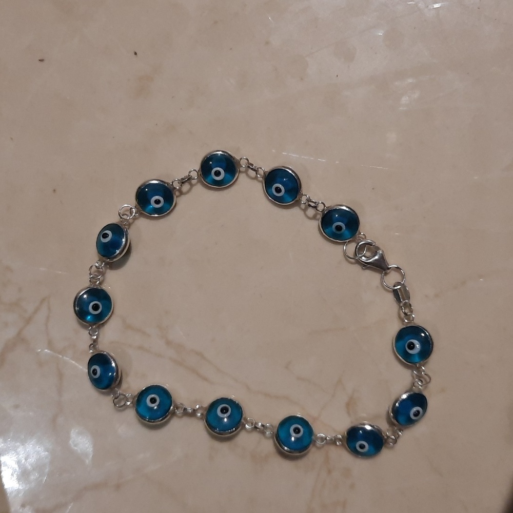 Authentic Evil Eye Genuine Solid Sterling Silver Bracelet 7.5" Multi Blue 💙